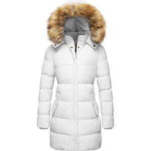 Women's White Winter Puffer Coat Warm Removable Hood Jacket